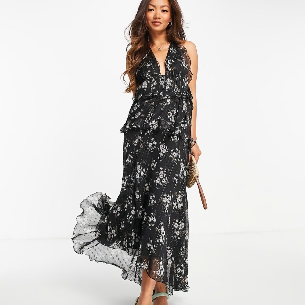 ASOS DESIGN halter neck floral print midi dress ruffle detail | holiday dress